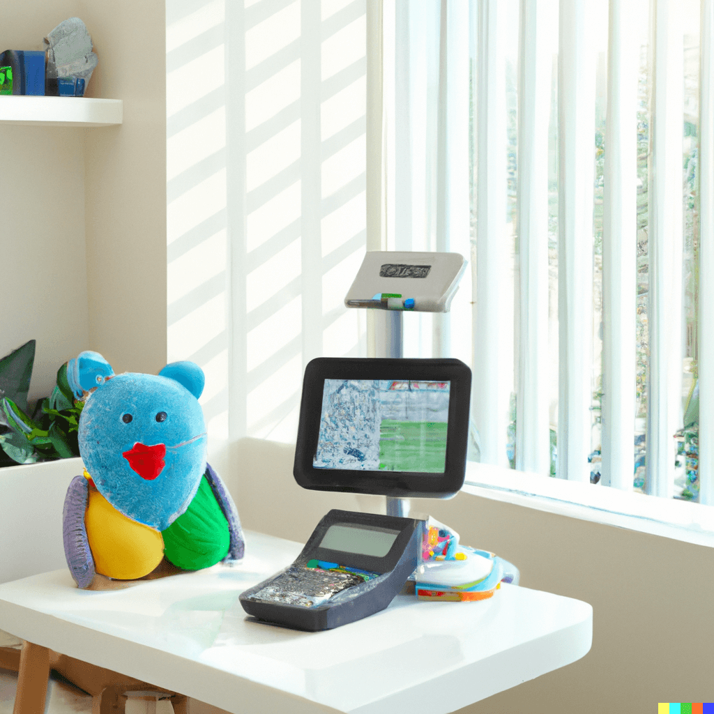 A modern pediatric clinic with a digital interface showcasing PedsCalc application, displaying a simplified dosing calculation for a young patient, surrounded by a serene and child-friendly environment.