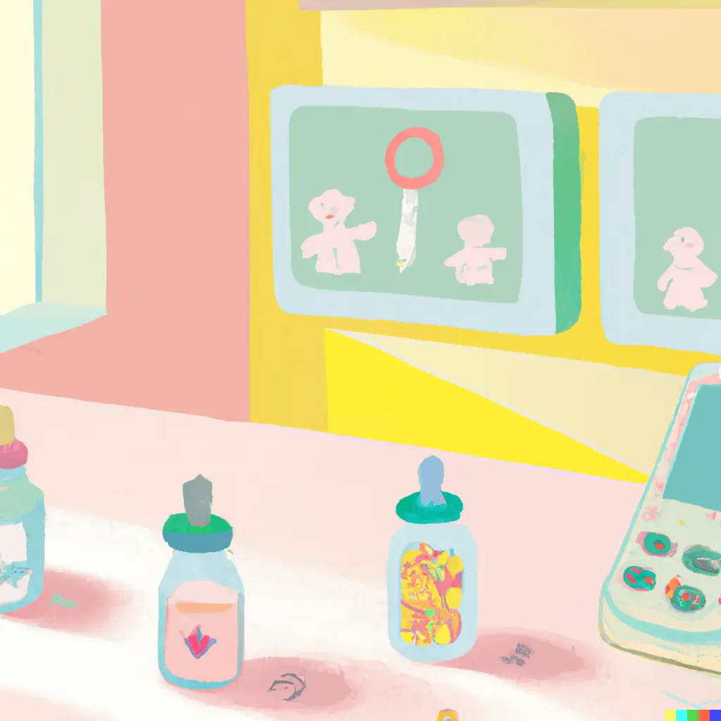 A serene pediatric clinic setting in soothing pastels. In the center, a joyful cartoon baby plays with colorful, abstract medicine bottles representing pediatric drugs. Soft beams of sunlight pierce through a nearby window, illuminating a modern digital tool, hinting at PedsCalc's role in ensuring correct dosages.